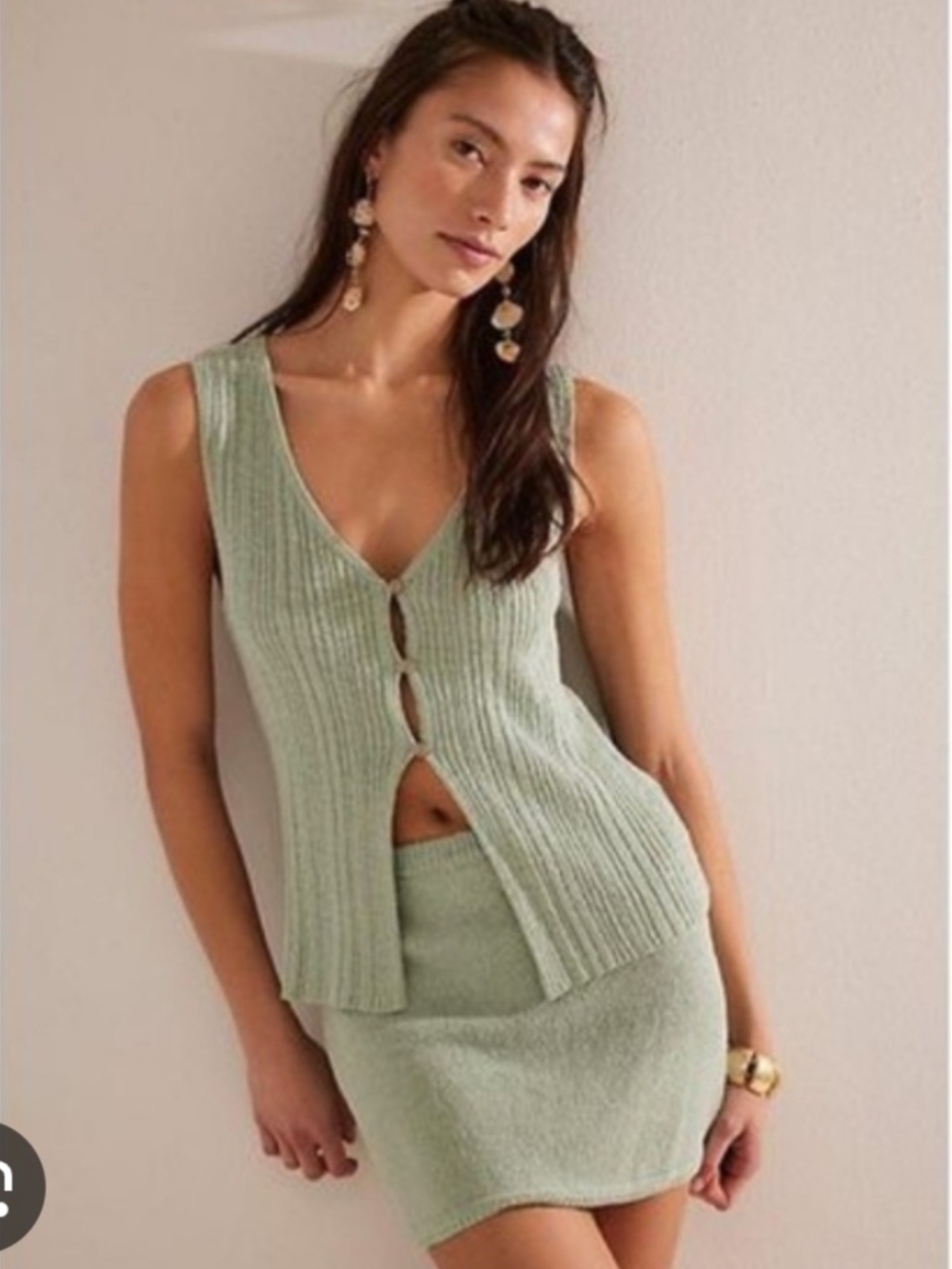 Free People Sage Green Ribbed Button Tank With Skirt Set